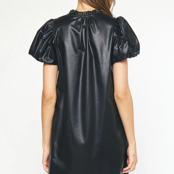 NWOT Entro Black Faux Leather Vegan A-Line Ruffle Neck Puff Sleeve Dress LARGE - Picture 6 of 6